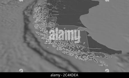 Zoom in on Magallanes y Antártica Chilena (region of Chile) outlined. Oblique perspective. Bilevel elevation map with surface waters. 3D rendering Stock Photo
