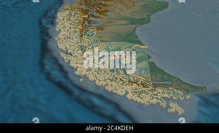 Zoom in on Magallanes y Antártica Chilena (region of Chile) extruded. Oblique perspective. Topographic relief map with surface waters. 3D rendering Stock Photo