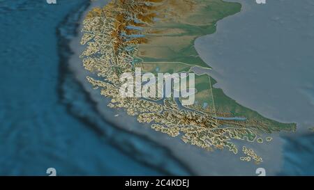 Zoom in on Magallanes y Antártica Chilena (region of Chile) outlined. Oblique perspective. Topographic relief map with surface waters. 3D rendering Stock Photo