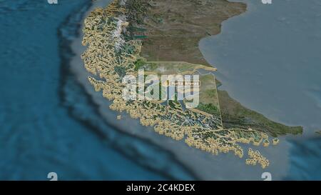 Zoom in on Magallanes y Antártica Chilena (region of Chile) extruded. Oblique perspective. Satellite imagery. 3D rendering Stock Photo