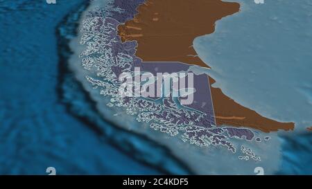 Zoom in on Magallanes y Antártica Chilena (region of Chile) outlined. Oblique perspective. Colored and bumped map of the administrative division with Stock Photo