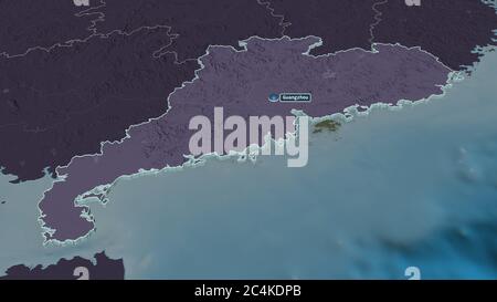 Zoom in on Guangdong (province of China) extruded. Oblique perspective. Colored and bumped map of the administrative division with surface waters. 3D Stock Photo