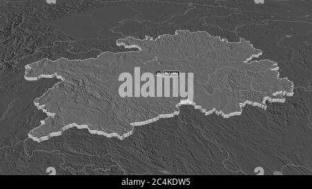 Zoom in on Guizhou (province of China) extruded. Oblique perspective. Bilevel elevation map with surface waters. 3D rendering Stock Photo