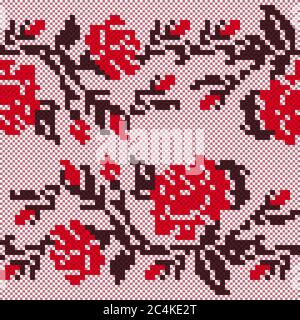Ethnic Ukrainian Broidery in black, red and white colors on the light background, simple seamless vector illustration Stock Vector