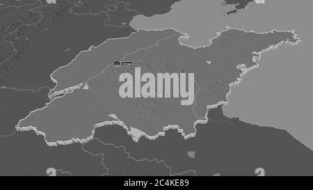 Zoom in on Shandong (province of China) extruded. Oblique perspective. Bilevel elevation map with surface waters. 3D rendering Stock Photo