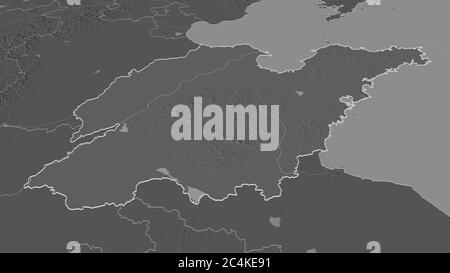 Zoom in on Shandong (province of China) outlined. Oblique perspective. Bilevel elevation map with surface waters. 3D rendering Stock Photo