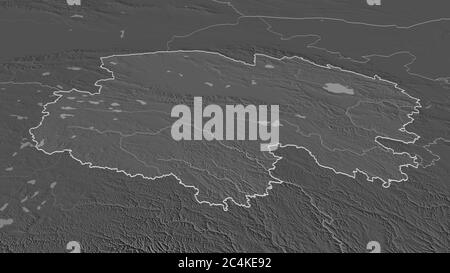 Zoom in on Qinghai (province of China) outlined. Oblique perspective. Bilevel elevation map with surface waters. 3D rendering Stock Photo