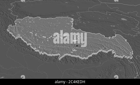 Zoom in on Xizang (autonomous region of China) extruded. Oblique perspective. Bilevel elevation map with surface waters. 3D rendering Stock Photo