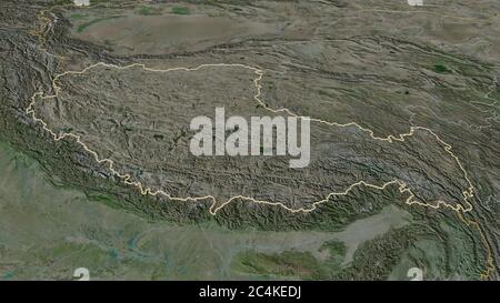 Zoom in on Xizang (autonomous region of China) outlined. Oblique perspective. Satellite imagery. 3D rendering Stock Photo