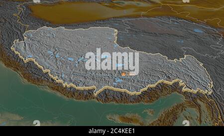 Zoom in on Xizang (autonomous region of China) extruded. Oblique perspective. Topographic relief map with surface waters. 3D rendering Stock Photo