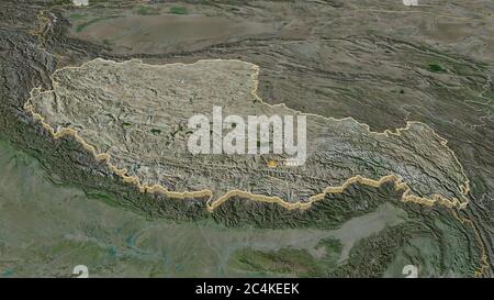 Zoom in on Xizang (autonomous region of China) extruded. Oblique perspective. Satellite imagery. 3D rendering Stock Photo