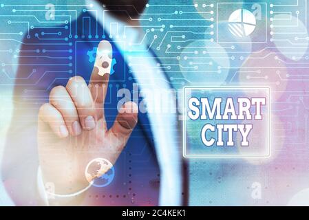 Text sign showing Smart City. Business photo showcasing an urban area that uses communication technologies to collect data System administrator contro Stock Photo