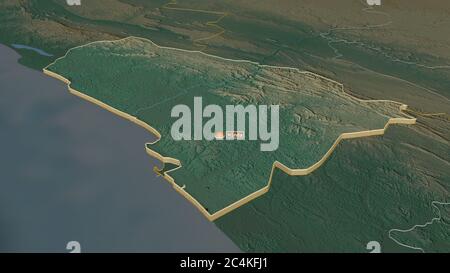 Zoom in on Kouilou (region of Republic of Congo) extruded. Oblique perspective. Topographic relief map with surface waters. 3D rendering Stock Photo