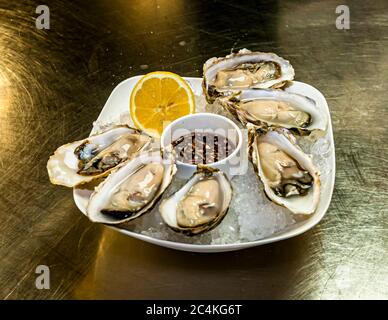 Gourmet Dish: Oysters Opening and arranging an oyster plate Stock Photo