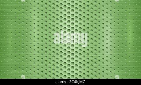 Abstract metal background with hexagonal holes in green colors Stock Vector