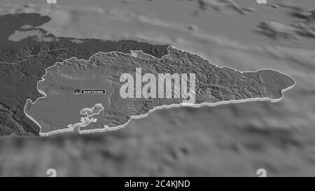 Zoom in on Guantánamo (province of Cuba) extruded. Oblique perspective. Bilevel elevation map with surface waters. 3D rendering Stock Photo