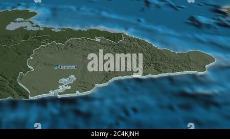 Zoom in on Guantánamo (province of Cuba) extruded. Oblique perspective. Colored and bumped map of the administrative division with surface waters. 3D Stock Photo