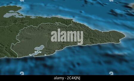 Zoom in on Guantánamo (province of Cuba) outlined. Oblique perspective. Colored and bumped map of the administrative division with surface waters. 3D Stock Photo