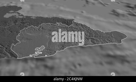 Zoom in on Guantánamo (province of Cuba) outlined. Oblique perspective. Bilevel elevation map with surface waters. 3D rendering Stock Photo