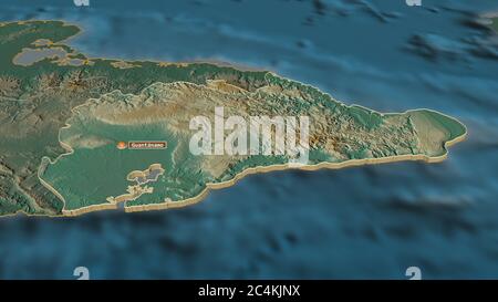 Zoom in on Guantánamo (province of Cuba) extruded. Oblique perspective. Topographic relief map with surface waters. 3D rendering Stock Photo