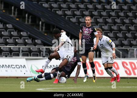 Jordan Garrick of Swansea city (l) is tackled by Pelly Ruddock Mpanzu of Luton Town and leads to incident of fight and Garrick getting sent off. EFL Skybet championship match, Swansea city v Luton Town at the Liberty Stadium in Swansea on Saturday 27th June 2020. this image may only be used for Editorial purposes. Editorial use only, license required for commercial use. No use in betting, games or a single club/league/player publications. pic by Andrew Orchard/Andrew Orchard sports photography/Alamy Live news Stock Photo