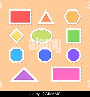 Blank color postage stamps are on a background of old paper. The postage stamp template is the shape of the rectangle, triangle, hexagon, rhombus, ell Stock Vector