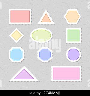 Blank color postage stamps are on a background of old gray paper. The postage stamp template is the shape of the rectangle, triangle, hexagon, rhombus Stock Vector
