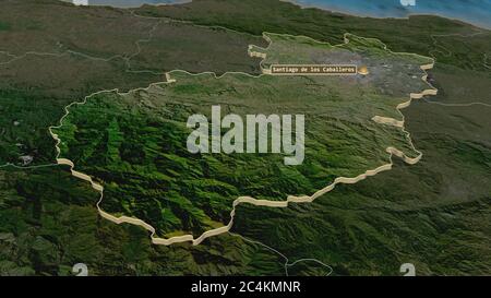 Zoom in on Santiago (province of Dominican Republic) extruded. Oblique perspective. Satellite imagery. 3D rendering Stock Photo