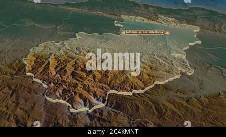 Zoom in on Santiago (province of Dominican Republic) extruded. Oblique perspective. Topographic relief map with surface waters. 3D rendering Stock Photo