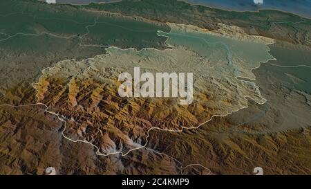 Zoom in on Santiago (province of Dominican Republic) outlined. Oblique perspective. Topographic relief map with surface waters. 3D rendering Stock Photo