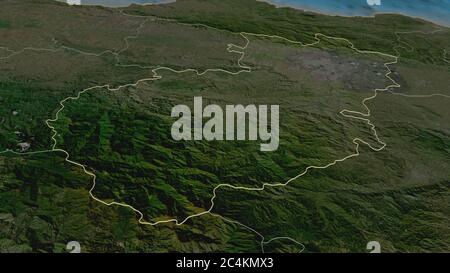 Zoom in on Santiago (province of Dominican Republic) outlined. Oblique perspective. Satellite imagery. 3D rendering Stock Photo