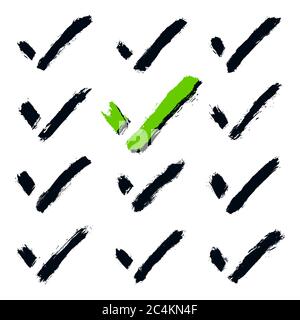 Set of check mark hand drawn signs. Collection of checkmark symbols. Kit of accept icons. Verify, tick, agree, agreement, approval, approve shape. Stock Vector