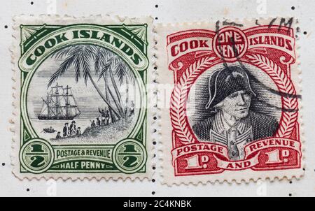 Captain James Cook on Cook Islands postage stamps issued 1933-36 Stock Photo