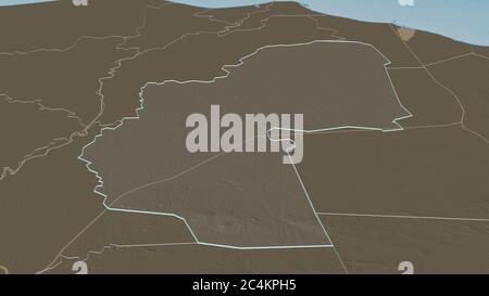 Zoom in on Ash Sharqīyah (governorate of Egypt) outlined. Oblique perspective. Colored and bumped map of the administrative division with surface wate Stock Photo