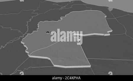 Zoom in on Ash Sharqīyah (governorate of Egypt) extruded. Oblique perspective. Bilevel elevation map with surface waters. 3D rendering Stock Photo