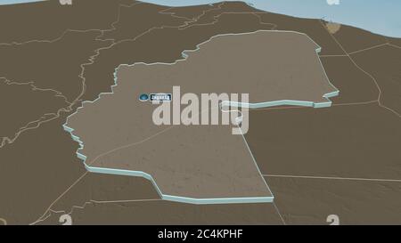 Zoom in on Ash Sharqīyah (governorate of Egypt) extruded. Oblique perspective. Colored and bumped map of the administrative division with surface wate Stock Photo