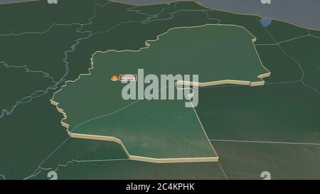 Zoom in on Ash Sharqīyah (governorate of Egypt) extruded. Oblique perspective. Topographic relief map with surface waters. 3D rendering Stock Photo