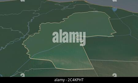 Zoom in on Ash Sharqīyah (governorate of Egypt) outlined. Oblique perspective. Topographic relief map with surface waters. 3D rendering Stock Photo