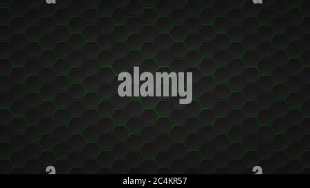 Abstract dark background of black hexagon tiles with green gaps between them Stock Vector