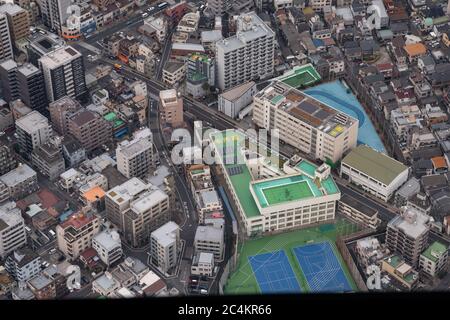 Cityscape from the 450th floor - the Observation Deck also known as 'Tembo Gallery' of the Tokyo Skytree tower. Tokyo, Japan. Stock Photo