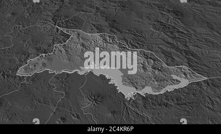 Zoom in on Chalatenango (department of El Salvador) outlined. Oblique perspective. Bilevel elevation map with surface waters. 3D rendering Stock Photo