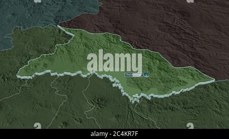 Zoom in on Chalatenango (department of El Salvador) extruded. Oblique perspective. Colored and bumped map of the administrative division with surface Stock Photo