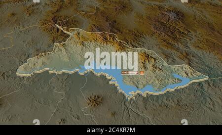 Zoom in on Chalatenango (department of El Salvador) extruded. Oblique perspective. Topographic relief map with surface waters. 3D rendering Stock Photo