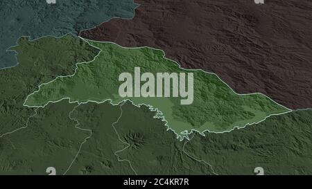 Zoom in on Chalatenango (department of El Salvador) outlined. Oblique perspective. Colored and bumped map of the administrative division with surface Stock Photo
