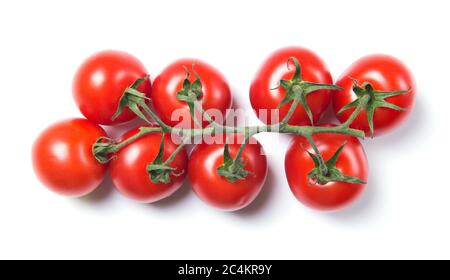 Fresh red mini cherry tomato branch with greens isolated on white background, top view Stock Photo