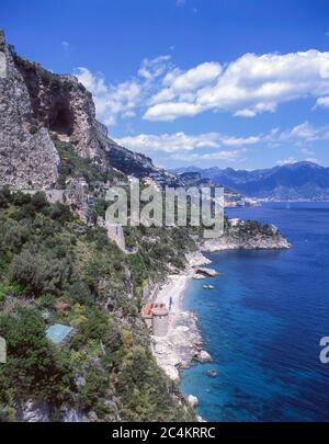 View of town and coast, Conca dei Marini, Amalfi Coast, Province of Salerno, Campania Region, Italy Stock Photo