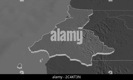 Zoom in on Litoral (province of Equatorial Guinea) extruded. Oblique perspective. Bilevel elevation map with surface waters. 3D rendering Stock Photo