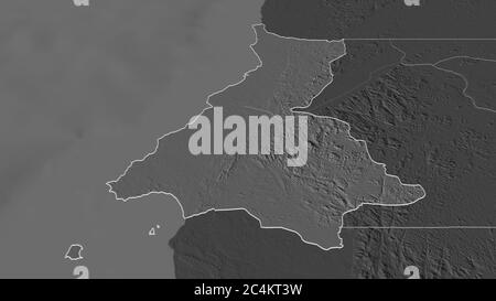 Zoom in on Litoral (province of Equatorial Guinea) outlined. Oblique perspective. Bilevel elevation map with surface waters. 3D rendering Stock Photo