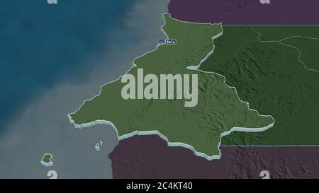 Zoom in on Litoral (province of Equatorial Guinea) extruded. Oblique perspective. Colored and bumped map of the administrative division with surface w Stock Photo