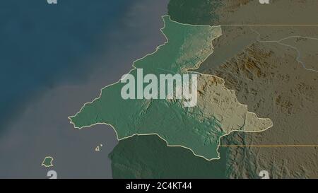 Zoom in on Litoral (province of Equatorial Guinea) outlined. Oblique perspective. Topographic relief map with surface waters. 3D rendering Stock Photo